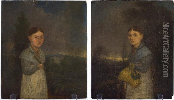 Naive Folk Portraits Of Margaret And Mary Hodgson Oil Painting - Thomas Burras