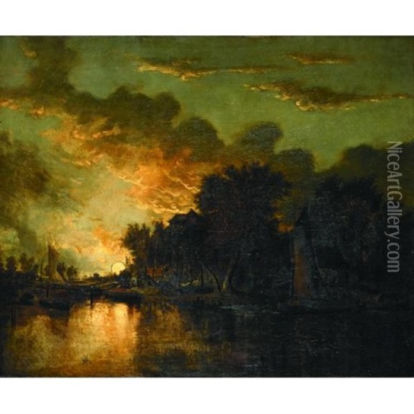 Sunset On The River With Boats Moored In The Foreground Oil Painting - John Crome the Elder