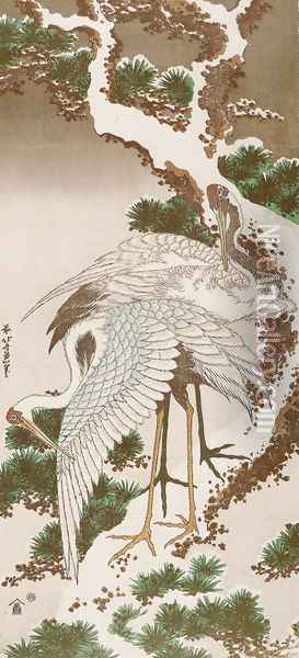 Cranes on a Snowy Pine Oil Painting - Katsushika Hokusai