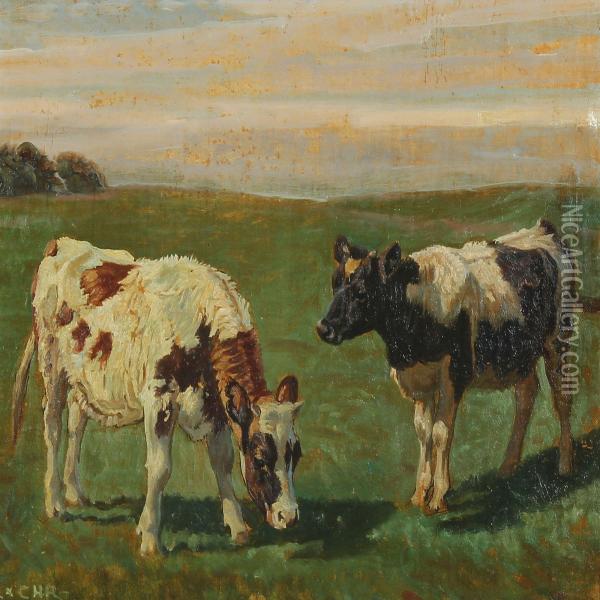 Summer Landscape With Calves In The Field Oil Painting - Rasmus Christiansen