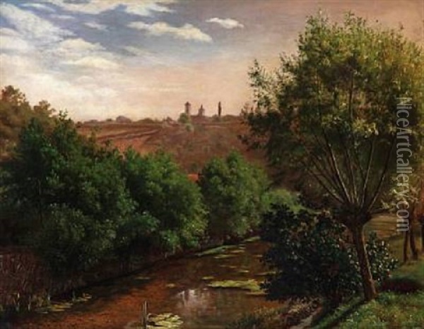 A River In A Lush Landscape With A Village In The Background Oil Painting - Vilhelm Peter Karl Kyhn