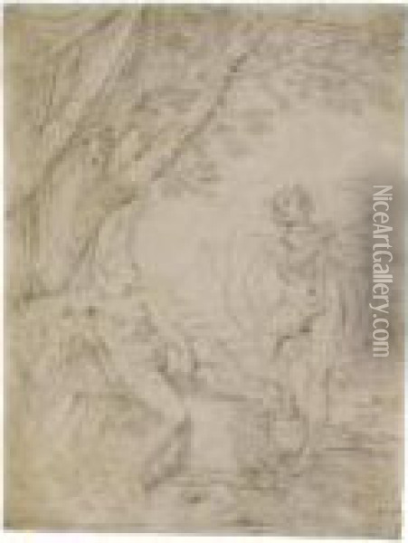 A Mythological Scene: Apollo Playing His Violin To A Seated Nude Oil Painting - Simone Cantarini Il Pesarese
