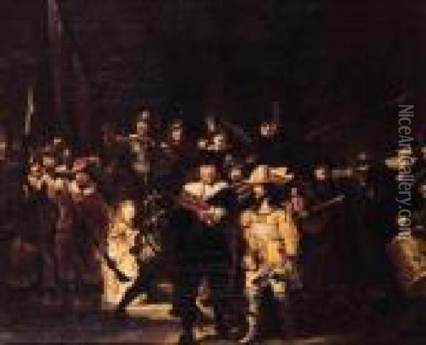 The Company Of Captain Frans 
Banning Cocq And Lieutenant Willem Vanruytenburch - The Night Watch Oil Painting - Rembrandt Van Rijn