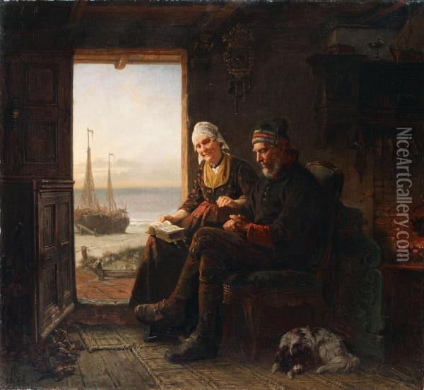 Interieur Mit Alterem Ehepaar Und Aussicht Auf Das Meer Oil Painting - Rudolf Jordan