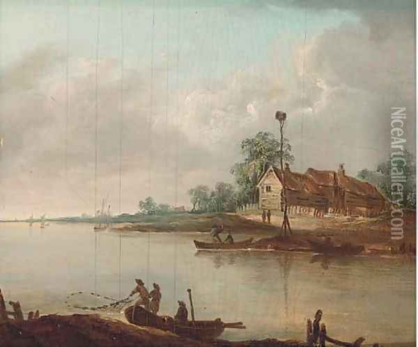 Fishermen on a river with barns beyond Oil Painting - Dutch School