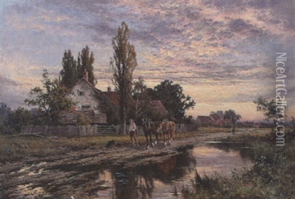Sunset In The Cambridgeshire, Fens. Oil Painting - Henry H. Parker