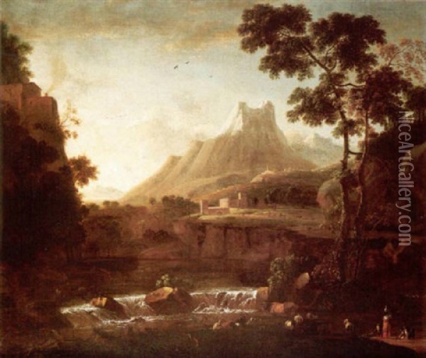 A Mountainous Landscape With Herders Watering Their Animals In The Foreground, A Fortress Beyond Oil Painting - Bartholomeus Appelman