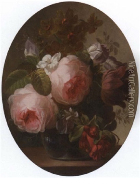 Roses, Jasmine, A Tulip And Other Flowers In A Glass Vase On A Ledge Oil Painting - Georgius Jacobus Johannes van Os