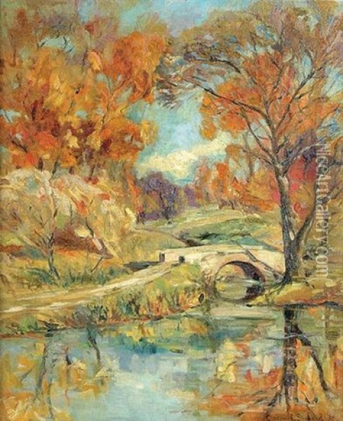 Autumn Landscape With Bridge Oil Painting - Clarence E. Shepard