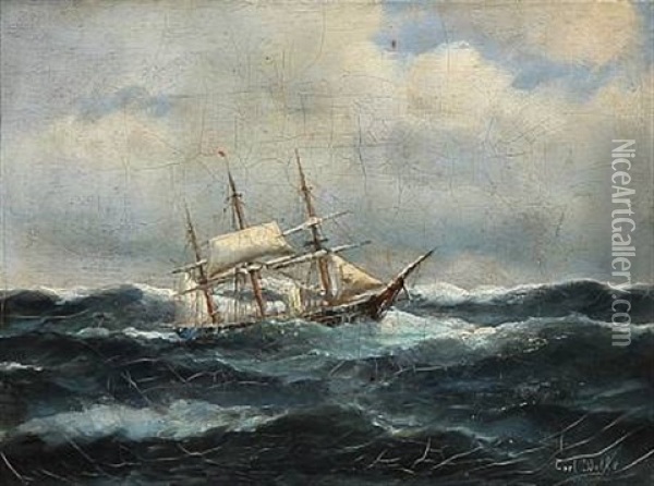Seascape With A Sailing Ships In High Waves Oil Painting - Carl Ludwig Bille