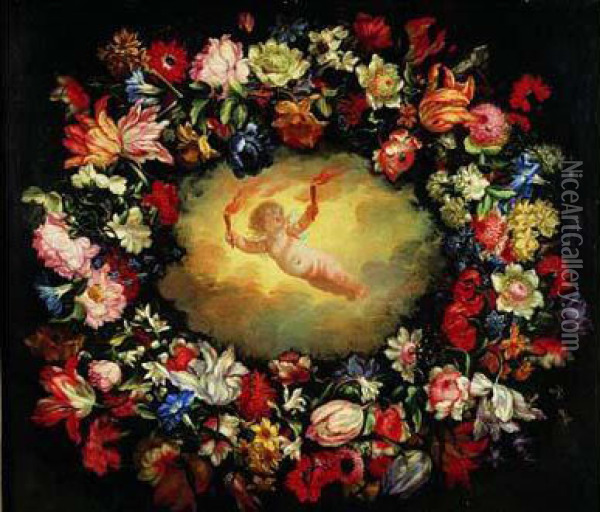 Un Amour Tenant Des Flambeaux Dans Une Guirlande De Fleurs Oil Painting - Giovanni Stanchi
