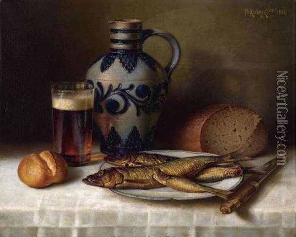 Still Life With Fish, 
Bread And Beer On A Table Oil Painting - Iulii Iul'evich (Julius) Klever