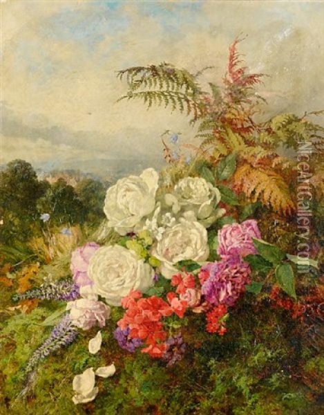 Summer Flowers On A Mossy Bank, A Landscape Beyond Oil Painting - Anne Ferray Mutrie