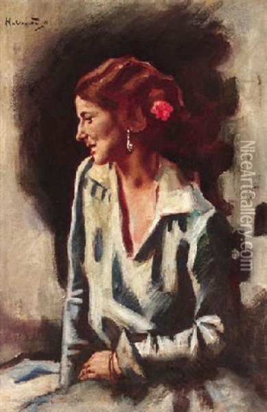 Junge Frau Mit Roter Blume Im Haar Oil Painting - Hugo von Habermann the Elder