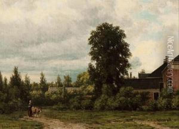Woman With Donkey By A Farmstead Oil Painting - Jacob Jan van der Maaten