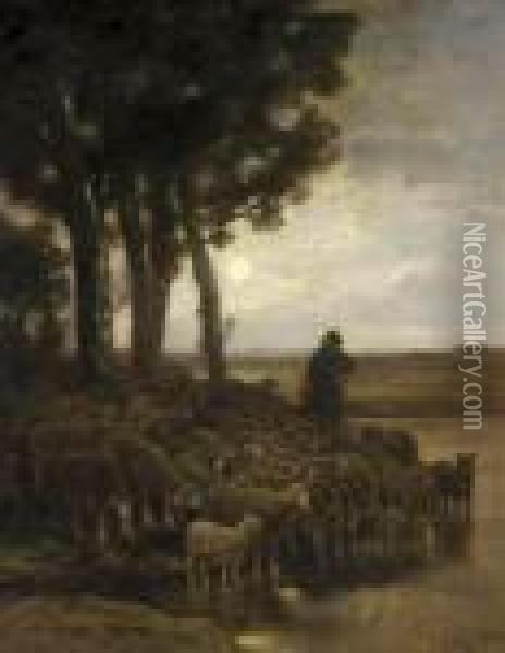 A Shepherd And His Flock In A Moonlight Landscape Oil Painting - Charles Emile Jacque