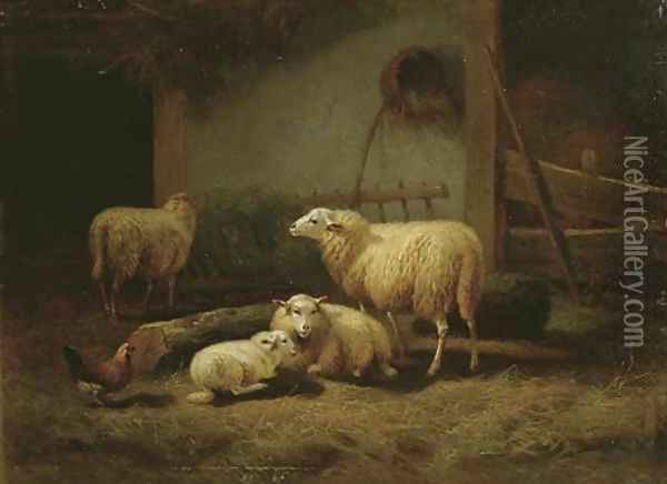 Moutons dans une etable Oil Painting - Eugene Verboeckhoven