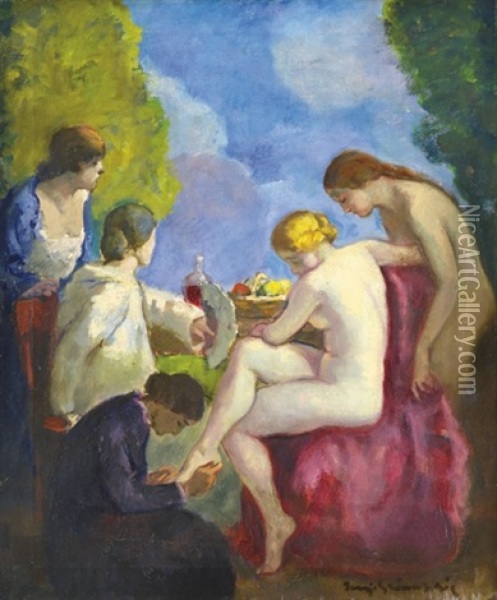 After The Bath Oil Painting - Bela Ivanyi Gruenwald