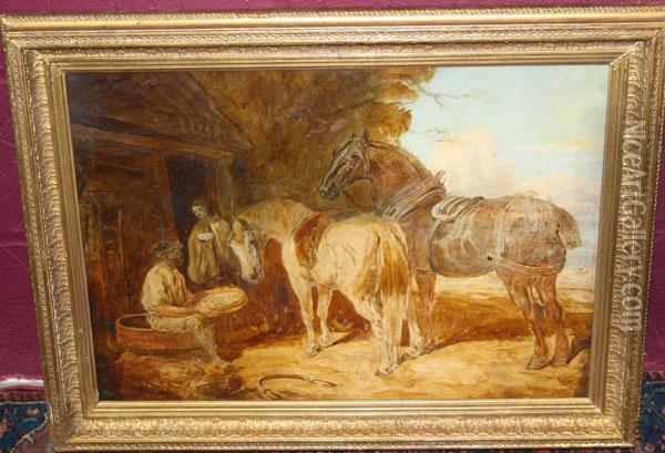 Rural Workers With Horses Outside A Cottage Oil Painting - John Frederick Herring Snr