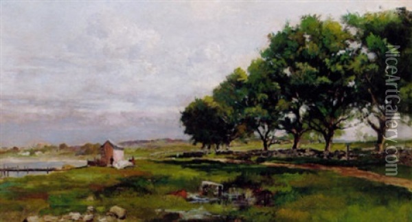 Flodlandskab Med Store Traeer Ved Et Stengaerde Oil Painting - Walter Moras