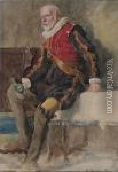 Full-length Study Of A Man In Elizabethan Costume, Holding An Empty Glass Oil Painting - Alfred Montague