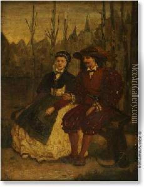 Couple Seated On A Bench With A 
City In The Background. Panel (mahogany). Signed H Leys. Nice Frame From
 The Period In Gilt Wood. Oil Painting - Henri Leys