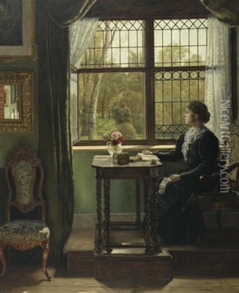 Interieur Mit Junger Frau Am Fenster Oil Painting - August Johann Holmberg