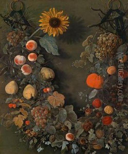 Einblumengebinde Mit Einer Sonnenblume Und Fruchten Oil Painting - Cornelis Kick