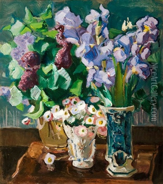Blumenstilleben Mit Iris, Flieder Und Bellis Oil Painting - Paul Paeschke