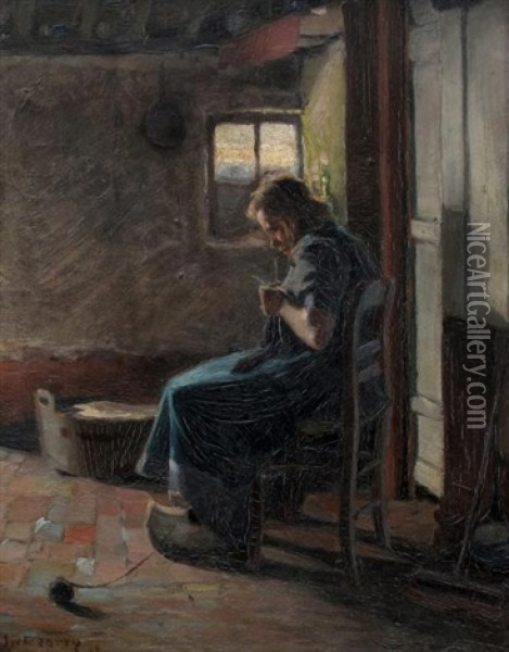 Portrait Of A Woman Knitting Oil Painting - John William Beatty