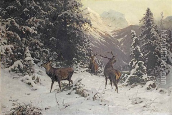 Falscher Wind, Hirsche Im Winter: Near Grossarl Oil Painting - Arthur (Julius) Thiele