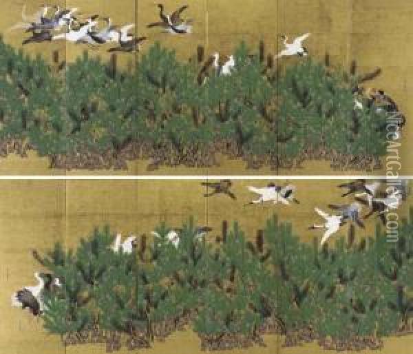 Cranes And Pine Trees Oil Painting - Kano Toshun
