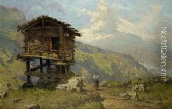 Das Matterhorn Von Der Riffelalp Aus Gesehen, Im Vordergrund Eine Junge Bauerin Bei Einem Heustadel Oil Painting - Felix Possart