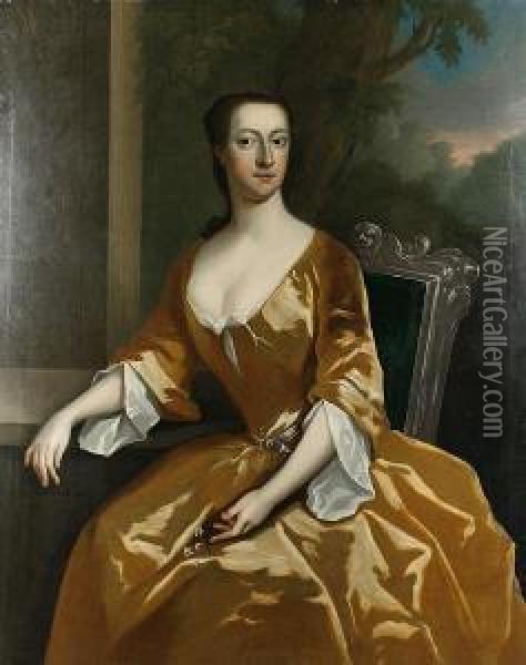 Portrait Of A Lady In A Yellow Dress Seated, With A Wooded Landscape Beyond Oil Painting - Maria Verelst