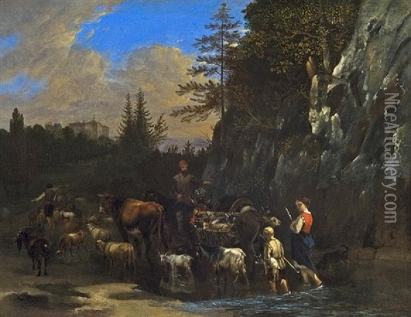 Landscape With Figures Herding Oil Painting - Philip James de Loutherbourg