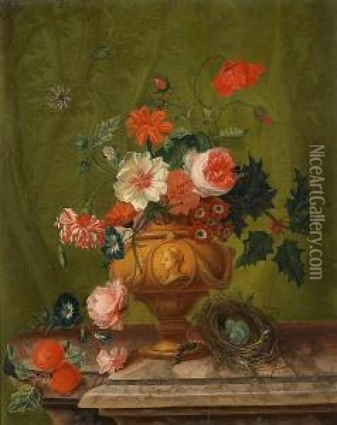 Roses, Poppies, Holly, Carnations And Other Flowers In A Bronze Urn With A Bird's Nest, A Caterpillar And Peaches On A Marble Ledge Before A Curtain Oil Painting - Abraham Teixeira De Mattos