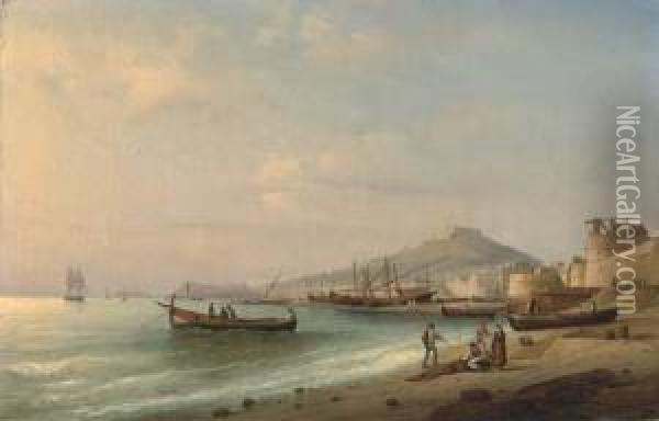 Fisherfolk At The Shore, Naples Beyond Oil Painting - Ferdinand Victor Perrot