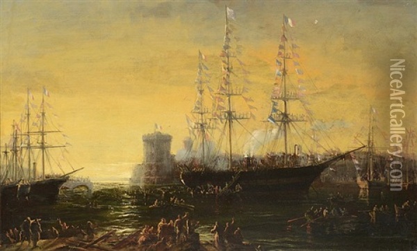 Bateaux Pavoises Dans Le Port De Marseille Oil Painting - Francois (Pierre Bernard) Barry