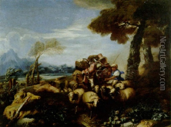 Pastore Con Armenti, (il Viaggio Di Giacobbe?) Oil Painting - Francesco Castiglione