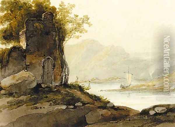 A ruin on a hillside with a view of a pulwar on a lake in the distance Oil Painting - George Chinnery