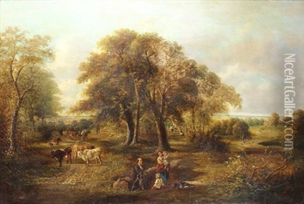 Pastoral Landscape With Figures And Cattle Oil Painting - Edmund Aylburton Willis
