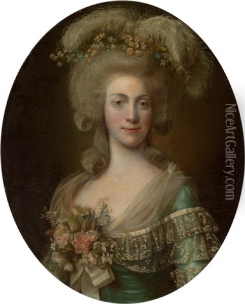 Portrait Of A Lady, Half-length, Wearing A Green Dress Trimmed With Lace And Her Hair Adorned Oil Painting - Alexander Roslin