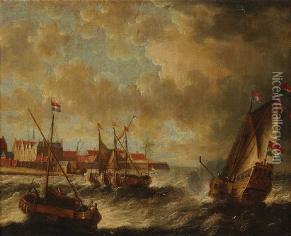 Coastal Landscape With Ships Oil Painting - Peter van den Velde