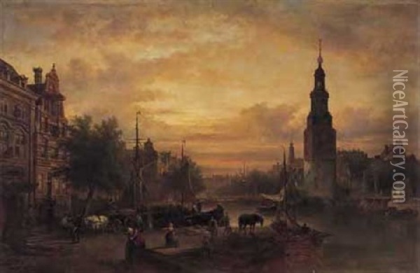 A Dutch Port At Sunset Oil Painting - Elias Pieter van Bommel