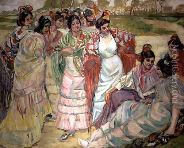 Women with Shawls Oil Painting - Francisco (Paco) Gonzales de Iturrino