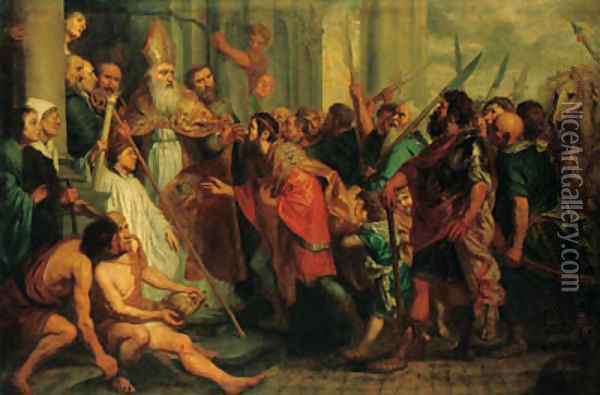 Saint Ambrose, Bishop of Milan, refusing Emperor Theodosius Admission to Milan Cathedral Oil Painting - Theodor Boeyermans