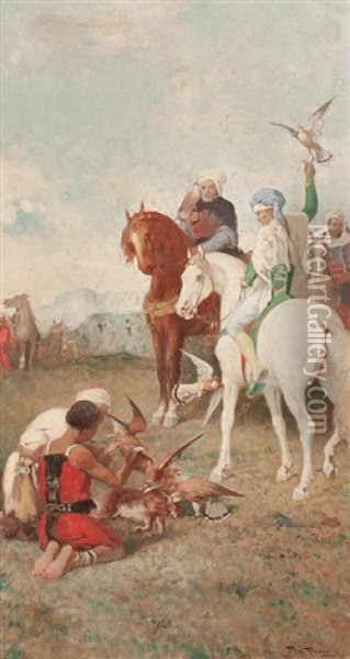 Chasse Au Faucon En Algerie; La Curee Oil Painting - Alberto Pla y Rubio