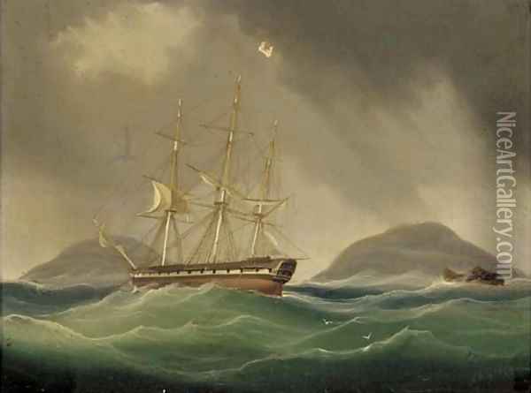 A frigate hove-to and riding her anchors in a gale Oil Painting - William John Huggin