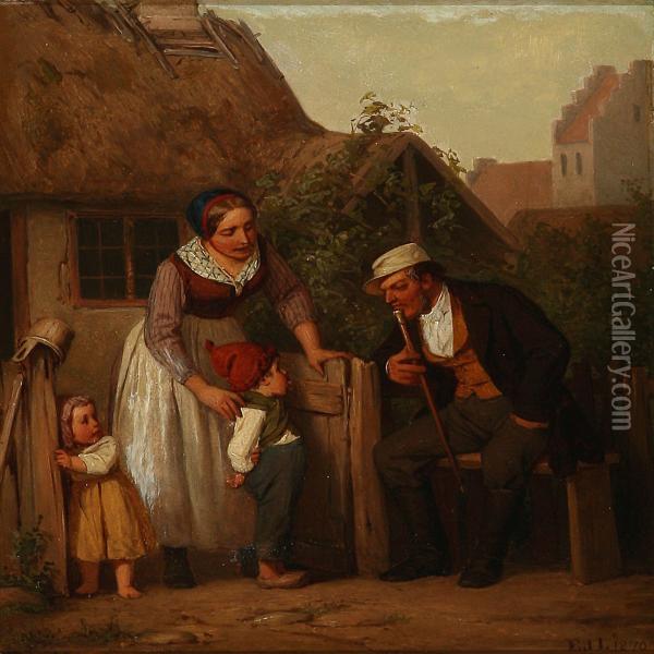 Country Exterior Witha Cheeky Little Boy Putting Out His Tongue At A Gentleman Oil Painting - Edvard Lehmann