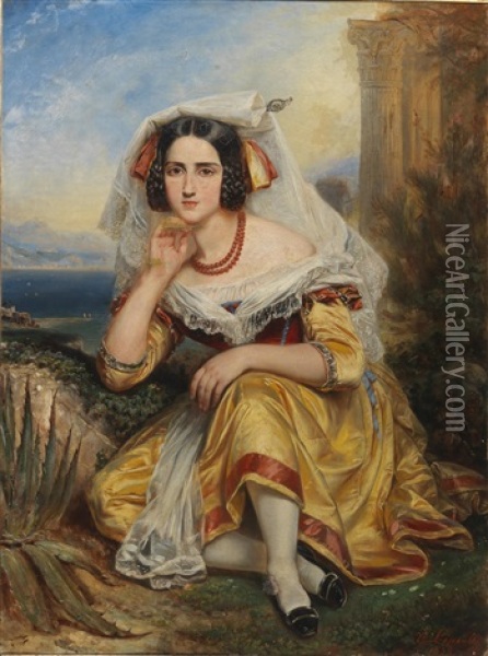 Girl From Frascati In Traditional Costume Oil Painting - Francois Gabriel Guillaume Lepaulle